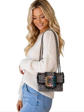 Kurt Geiger London Tweed Rainbow Crystal Embellished Chain Shoulder Bag